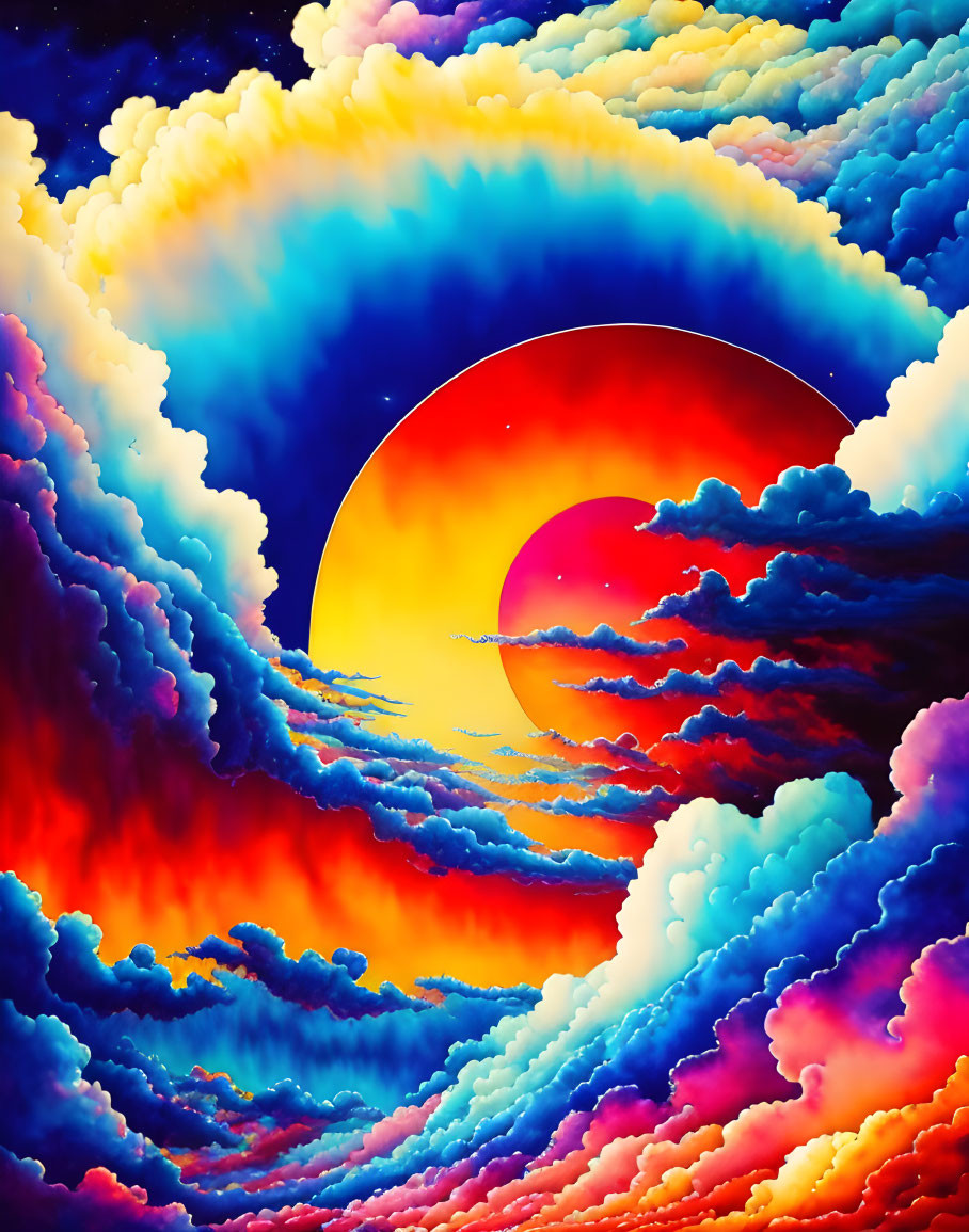 Colorful digital sunset artwork with stylized clouds in blue, orange, and purple.