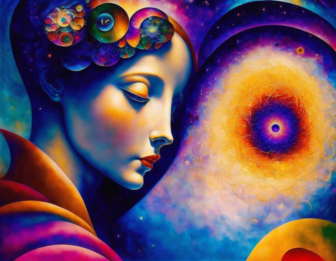 Colorful surreal portrait of a woman with cosmic swirls on starry backdrop