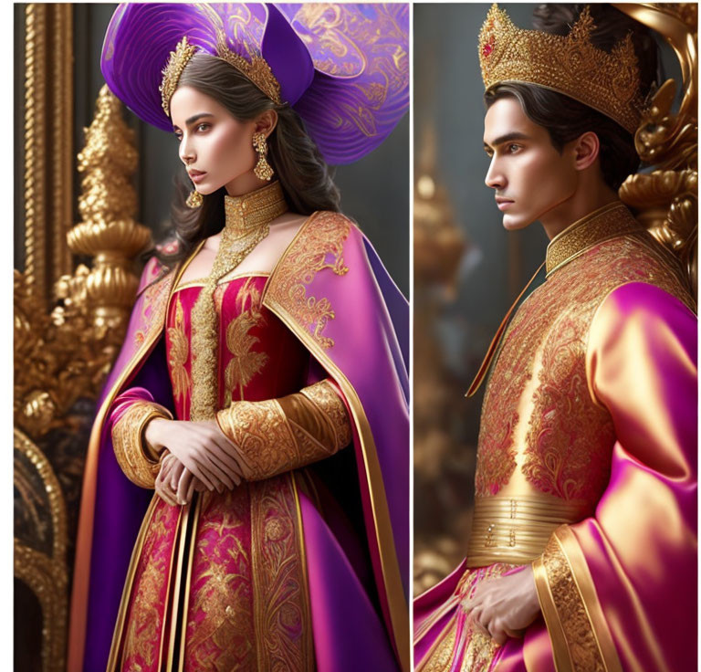 Regal couple in golden-trimmed, purple royal attire with elaborate headpieces