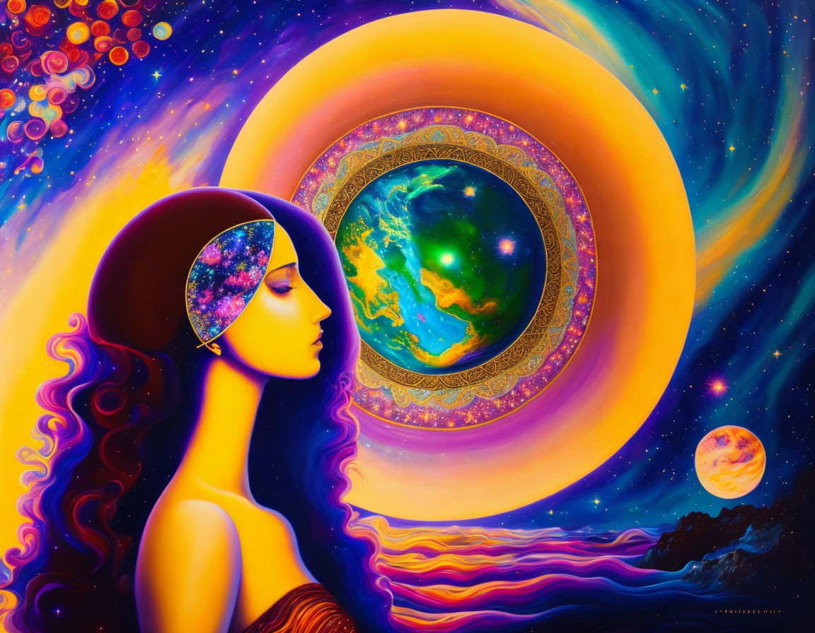 Colorful psychedelic artwork of woman with cosmic headpiece and Earth in celestial rings on starry background