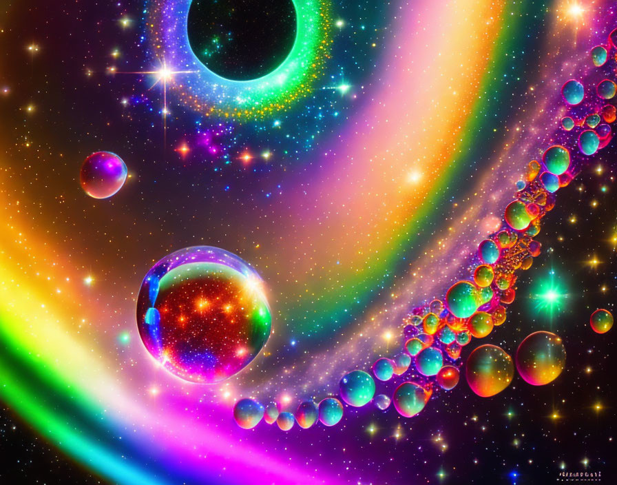 Colorful digital artwork of glowing celestial bodies and cosmic patterns in starry space.