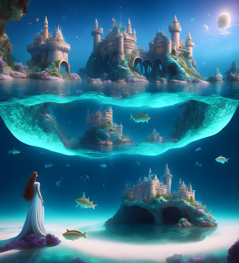 Surreal illustration: Woman in white, floating islands, castles, underwater ecosystem, fish,