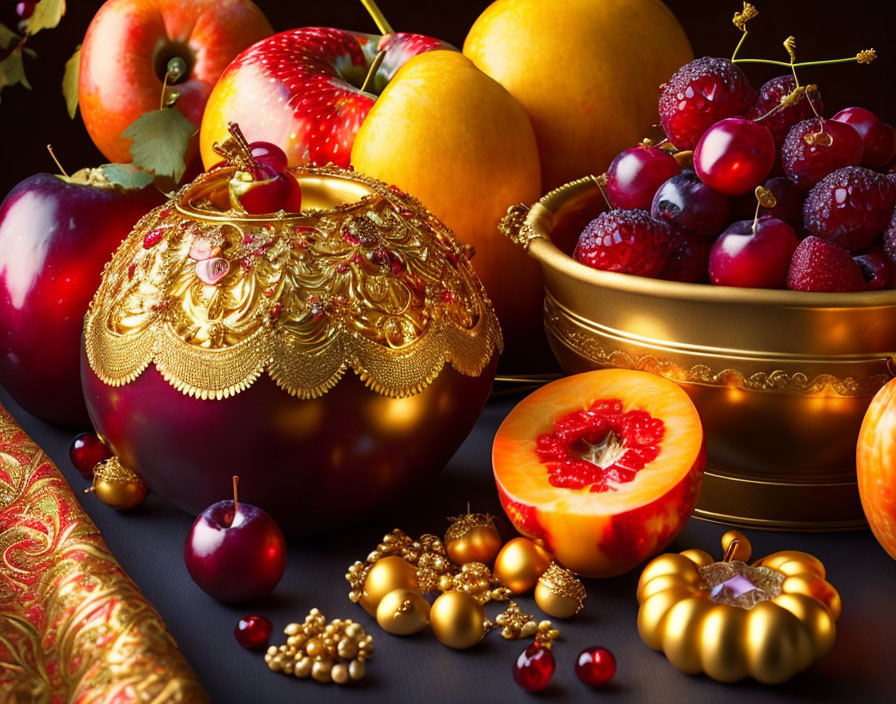 Luxurious golden bowl with assorted fruits and jewelry on dark background