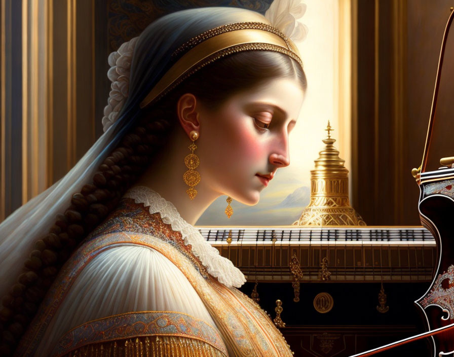 Digital painting of woman in classical attire with jewelry near piano