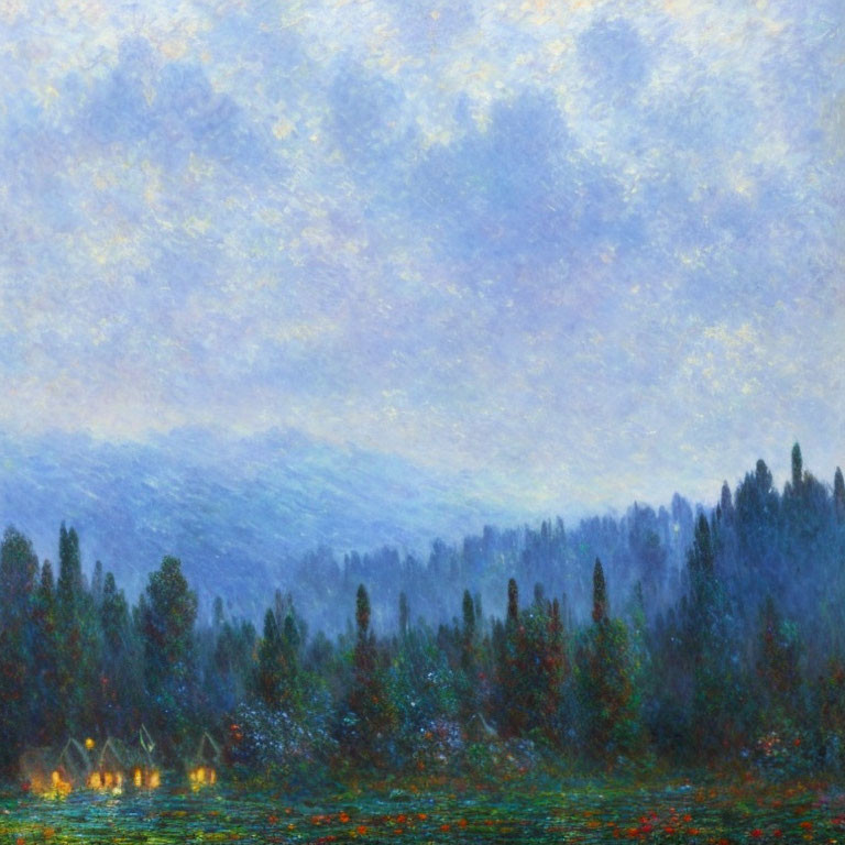 Impressionist-style painting of serene twilight scene