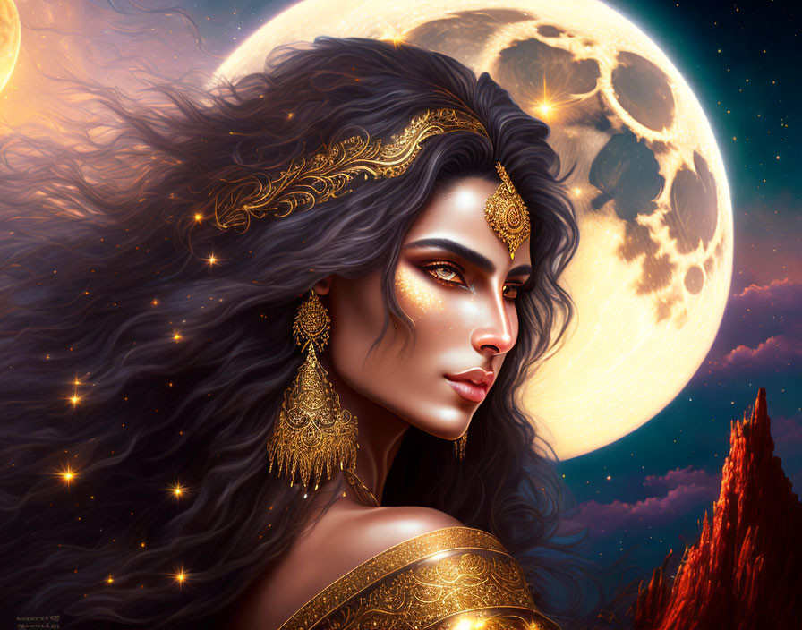 Mystical woman with dark hair and golden jewelry under full moon