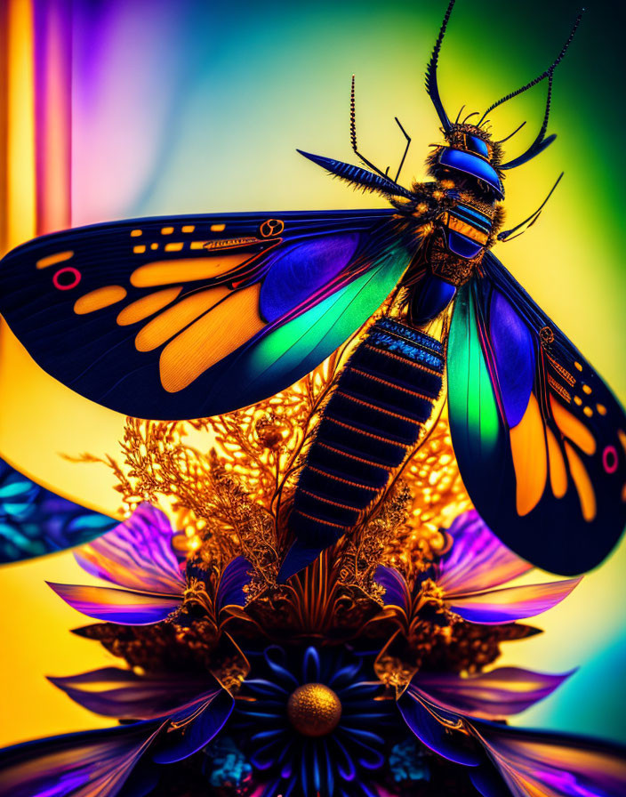 Colorful Butterfly on Purple and Gold Flowers with Iridescent Wings