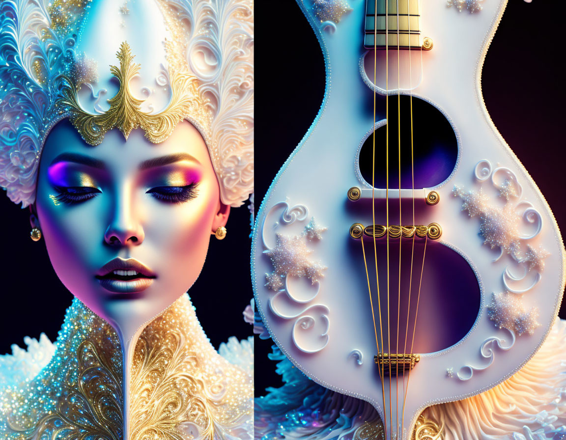 Split Image: Ornate Woman & White Guitar