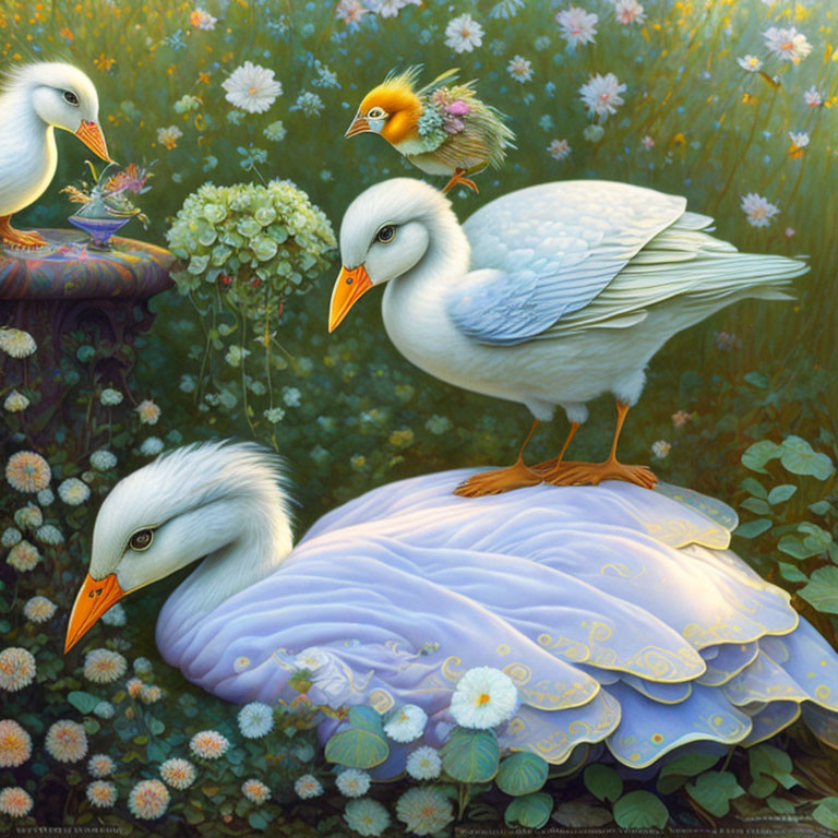 Stylized fantasy ducks in lush greenery scene