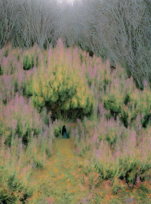 Vibrant pink and green foliage form a hidden winding path.