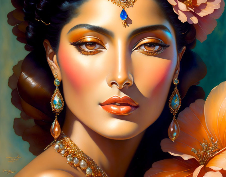 Illustrated portrait of a woman with striking eyes and ornate jewelry in warm colors