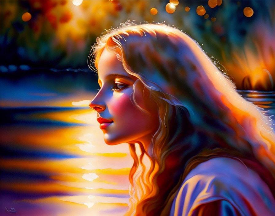 Blonde woman admiring sunset over water in digital painting