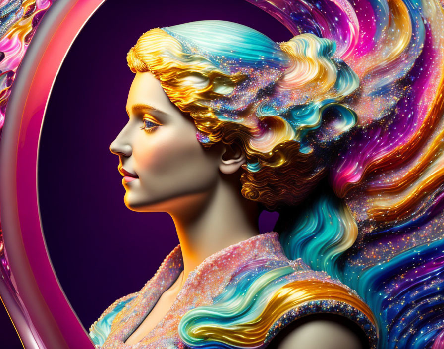 Colorful flowing hair woman profile digital art on dark circular background