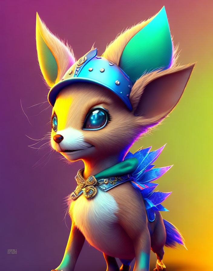 Colorful anthropomorphic fox character with expressive eyes and stylish attire.