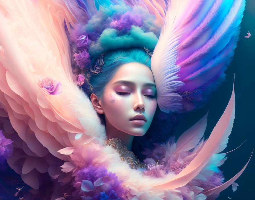 Colorful surreal portrait of a woman with vibrant wings and closed eyes