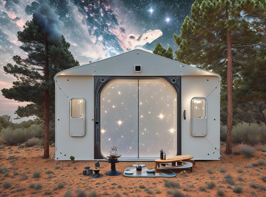 Portable Modern Shelter with Translucent Starry Walls in Desert Oasis