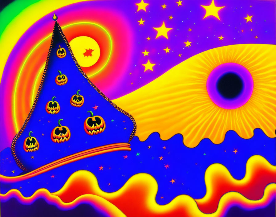 Colorful Psychedelic Artwork: Orange Pyramid, Jack-o'-lanterns, Blue Landscape