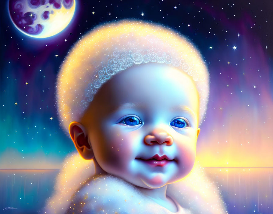 Baby with Glowing Aura in Starry Sky and Crescent Moon