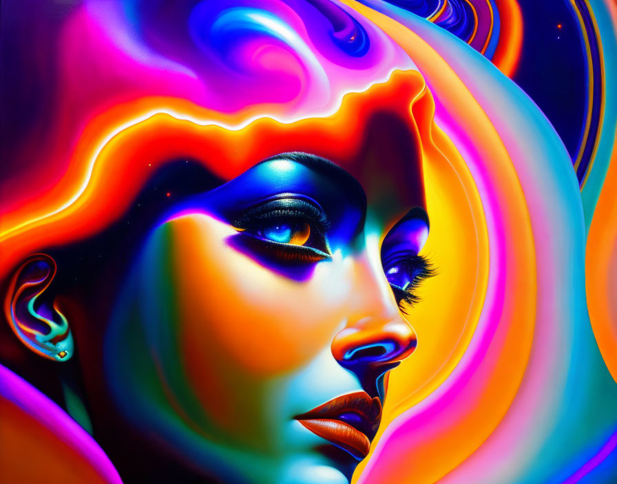 Colorful Digital Artwork: Woman's Face with Psychedelic Patterns