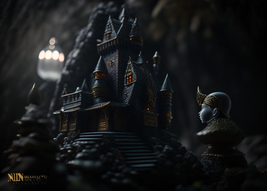 Miniature Fantasy Castle with Glowing Windows and Knight's Helmet