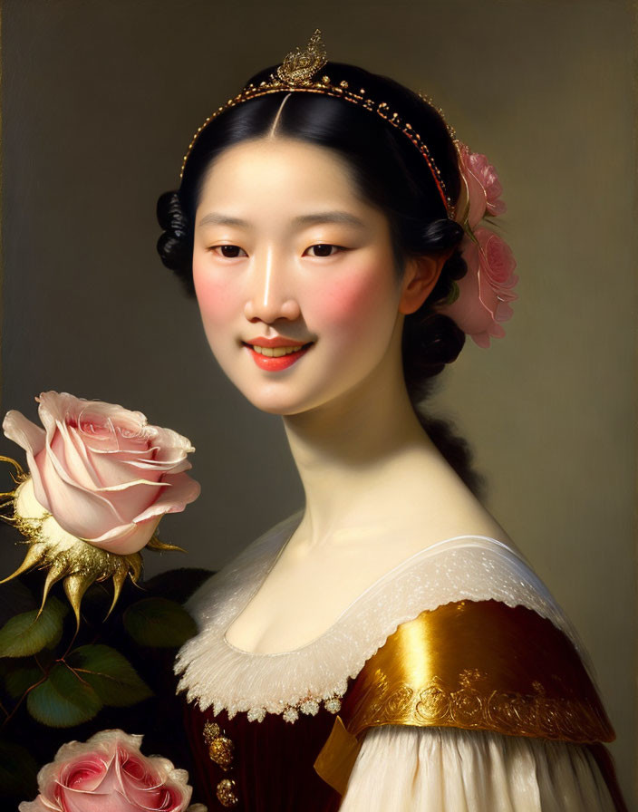 Portrait of Woman with East Asian Features in White and Gold Dress