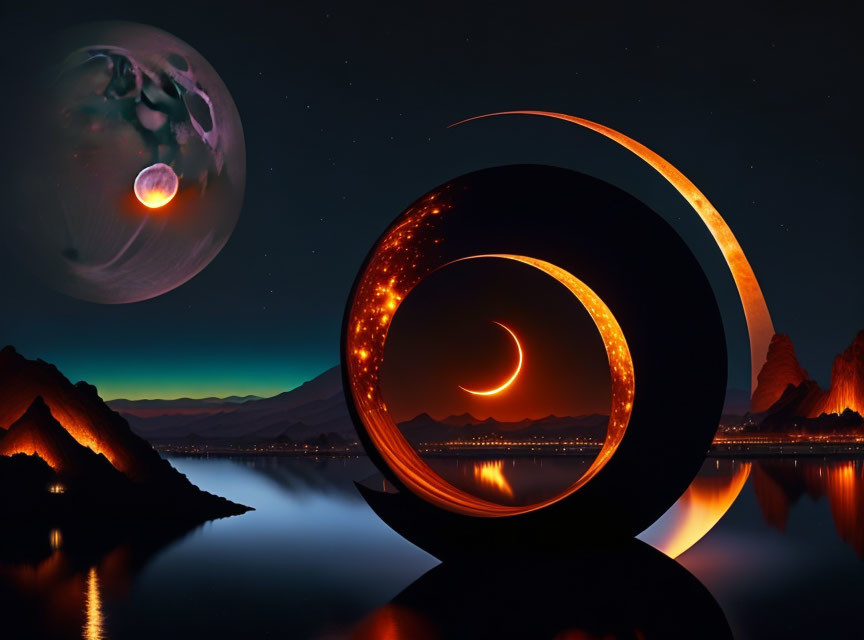 Surreal night landscape with glowing crescent structure, lake reflection, mountains, and planet.