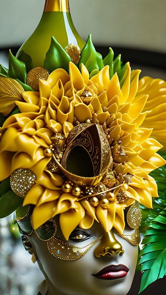 Elaborate yellow sunflower and gold masquerade mask on mannequin