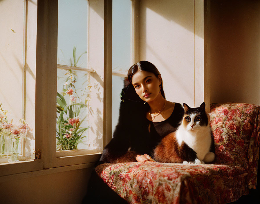 Woman and cat at sunlit window with flowers and vintage decor