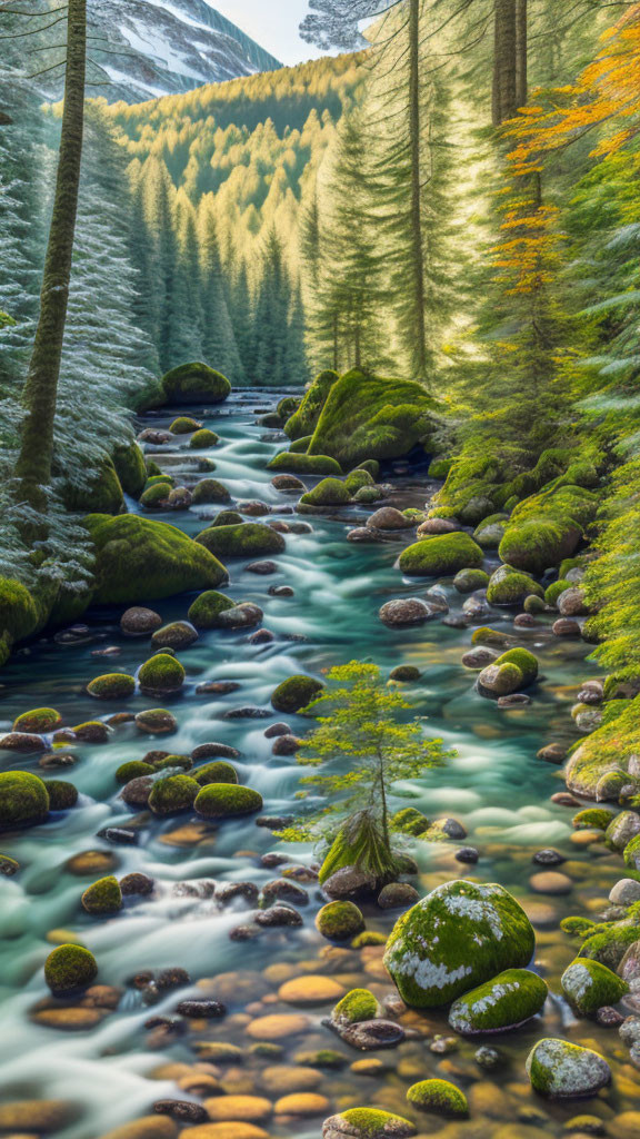 Tranquil river in lush autumn forest with moss-covered rocks