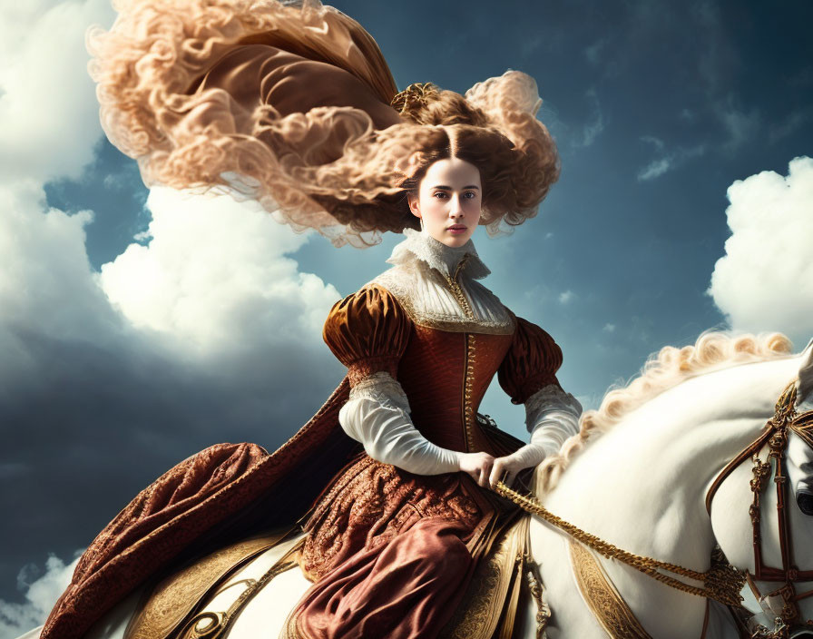 Vintage dress woman rides white horse under dramatic sky