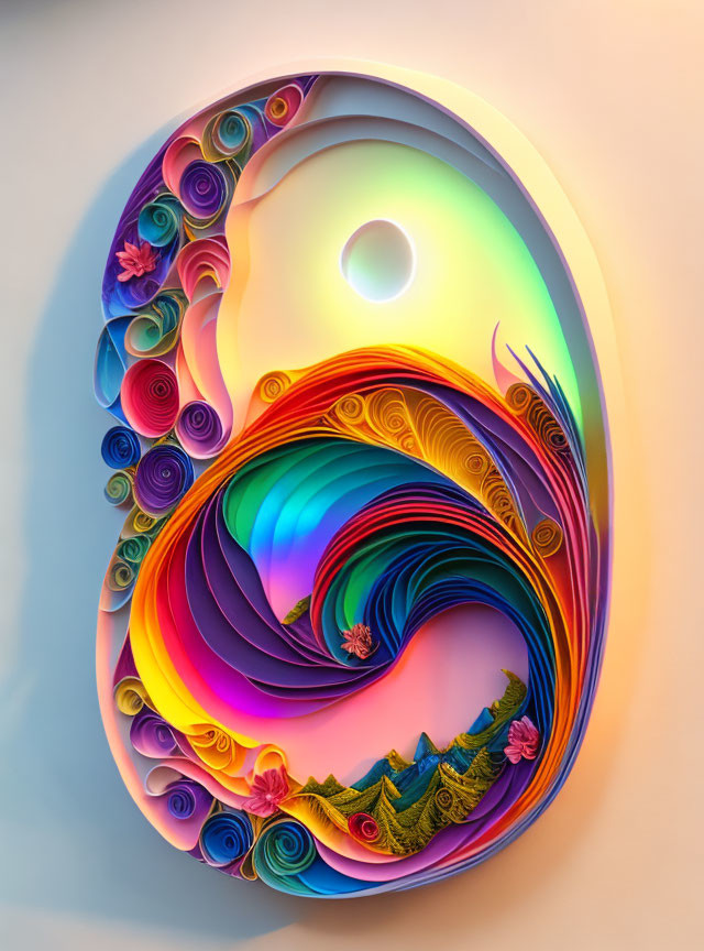 Colorful 3D paper art of yin-yang symbol with intricate patterns and scenic landscape