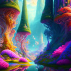 Colorful Fantasy Landscape with Mushroom Trees, Glowing River, Butterflies, and Boat