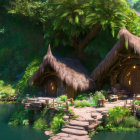 Quaint Thatched Roof Houses in Animated Hillside Scene