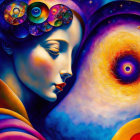 Colorful surreal portrait of a woman with cosmic swirls on starry backdrop