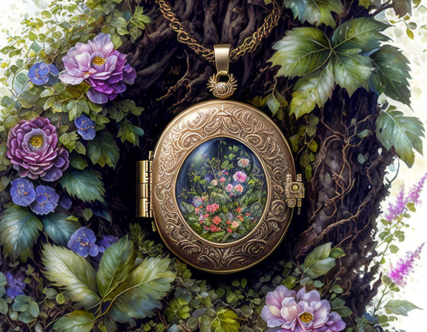 Golden locket with floral patterns on chain against textured tree trunk among colorful flowers and leaves