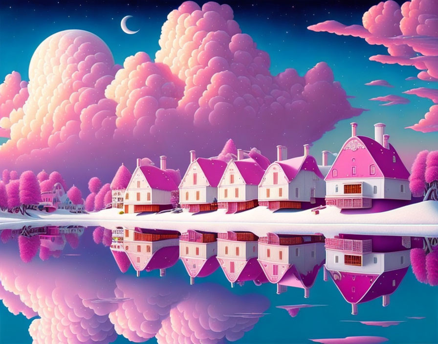 Whimsical digital art of pink and white houses by a reflective lake