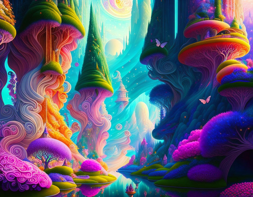 Colorful Fantasy Landscape with Mushroom Trees, Glowing River, Butterflies, and Boat