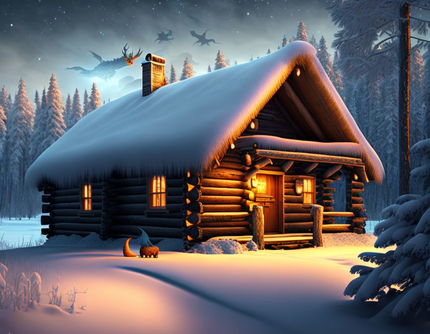 Snow-covered log cabin in wintry forest with glowing window, reindeer silhouettes, and cat