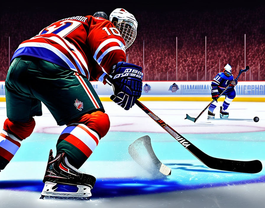 Digital artwork: Two ice hockey players in intense game on brightly-lit rink