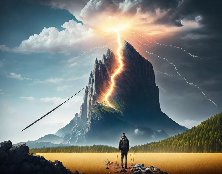 Person standing before majestic mountain split by glowing fissure under dramatic sky with lightning, surrounded by golden field