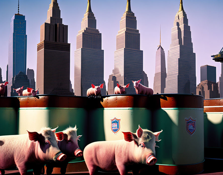 Whimsical cartoon pigs in police hats on patrol cars in cityscape