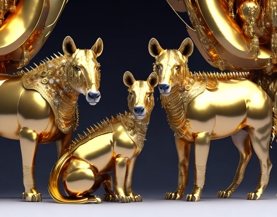 Three ornate golden hyena sculptures with intricate designs and jewelry on blue-gray background