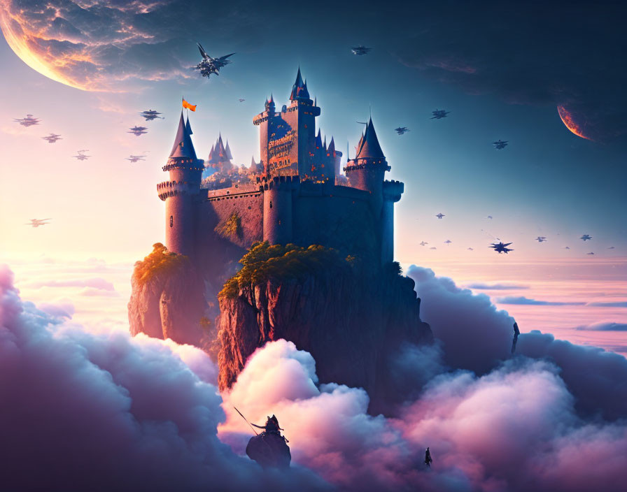 Majestic castle on rock with surreal sky & flying ships