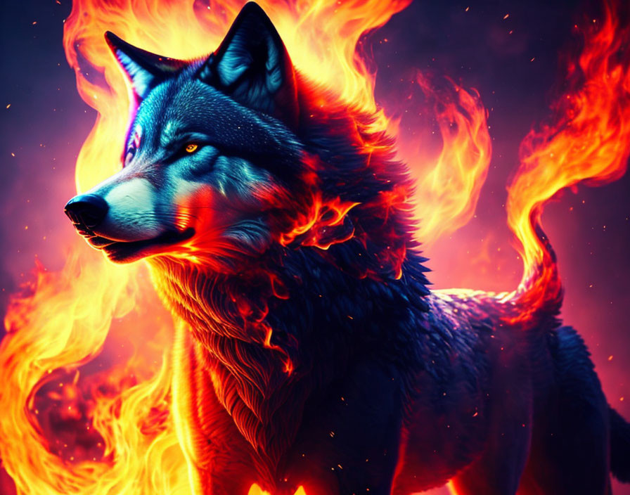 Vibrant blue and black wolf art with fiery flames on dark background