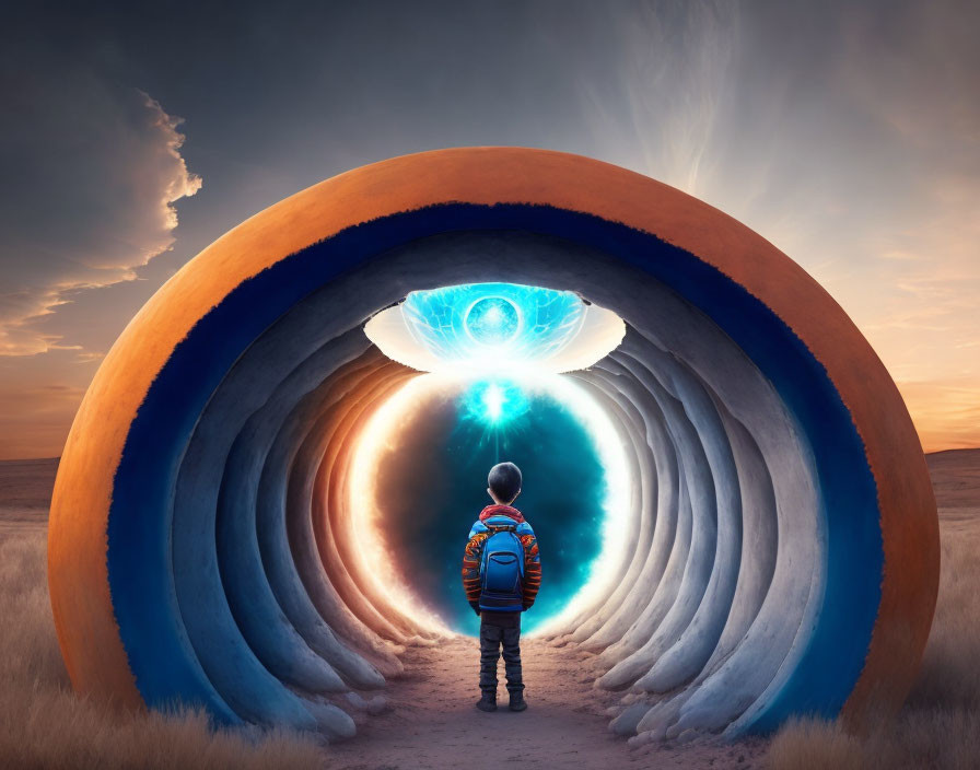 Child gazes at giant shell in desert with glowing orb eye