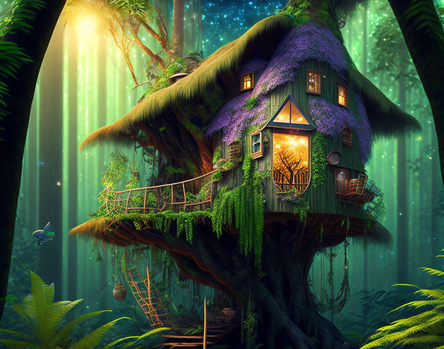 Enchanting treehouse with purple roof in mystical forest.