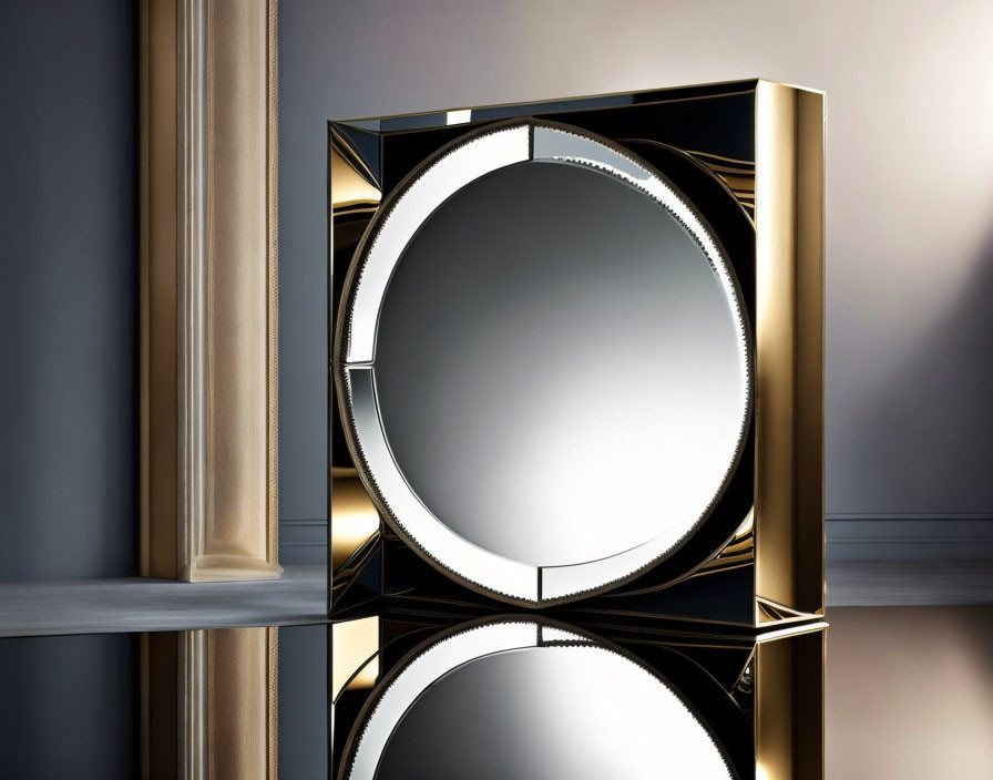 Elegant golden frame round mirror on dark shelf and grey backdrop