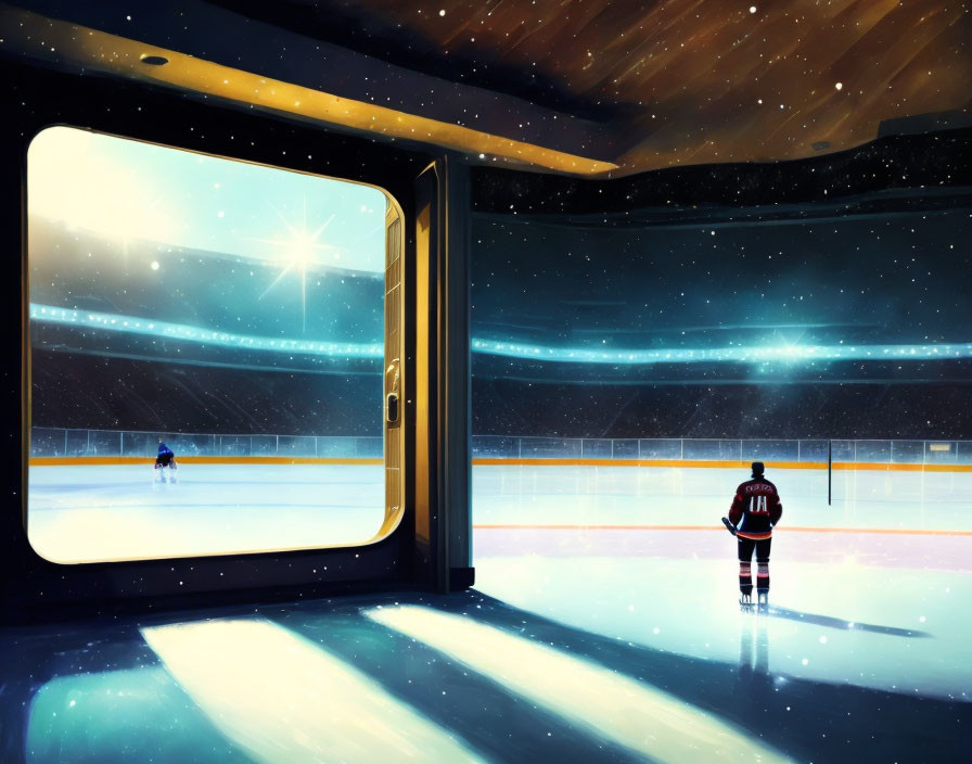 Ice hockey player at gate of brightly lit rink, looking at player on ice under starry sky