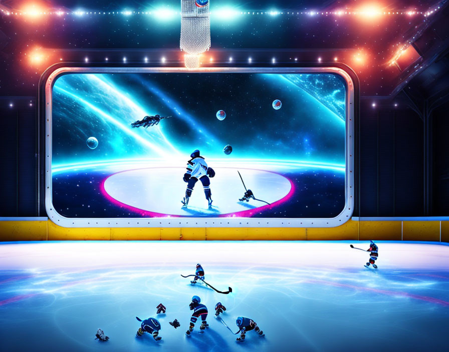 Hockey players in cosmic arena on smartphone screen