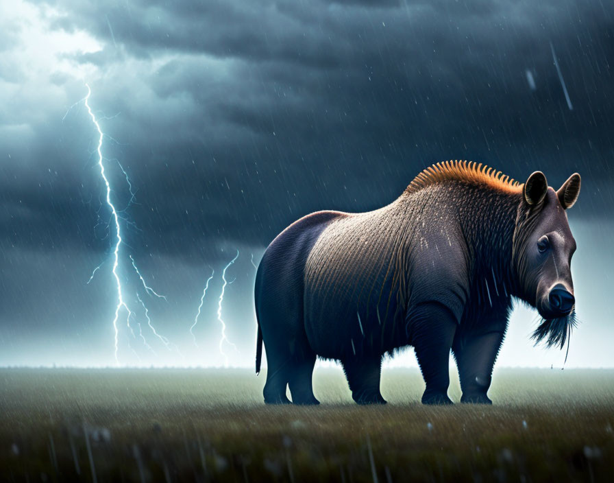 Prehistoric animal with coarse hair in stormy sky.